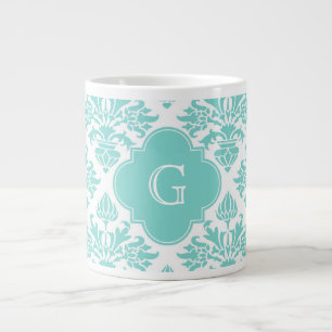 Aqua Floral Damask #3 Aqua Quatrefolie Monogram Jumbo-Tasse