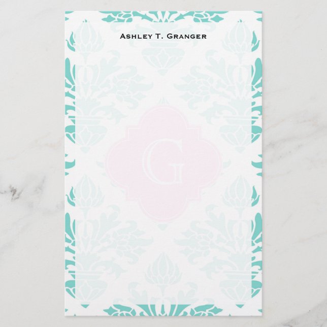 Aqua Floral Damask #3 Pink Quatrefolie Monogram Briefpapier (Vorderseite)