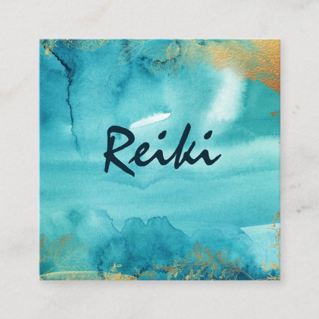 *~* Aqua Floral Gold Heiler Reiki Energie Quadratische Visitenkarte (Vorderseite)