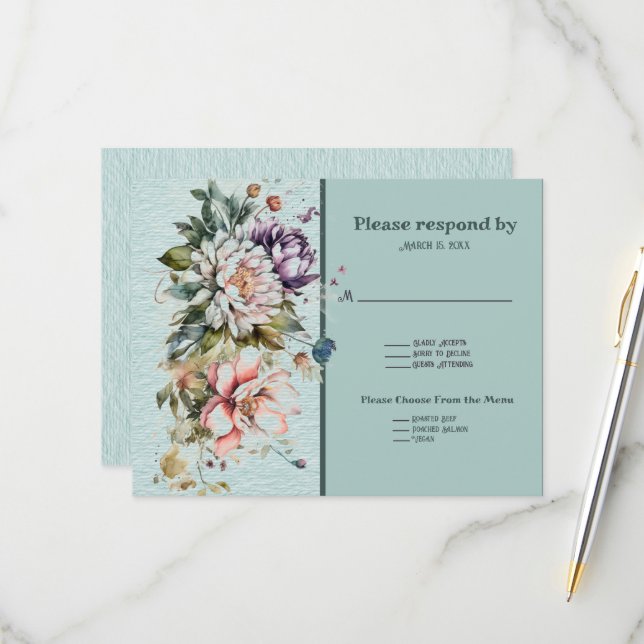 Aqua Floral Lawn Wedding RSVP Karte (Vorderseite/Rückseite Beispiel)