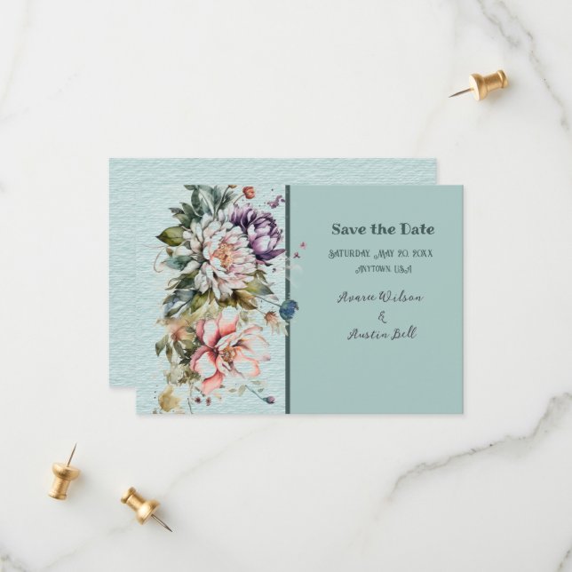 Aqua Floral Lawn Wedding Save The Date (Vorderseite/Rückseite Beispiel)