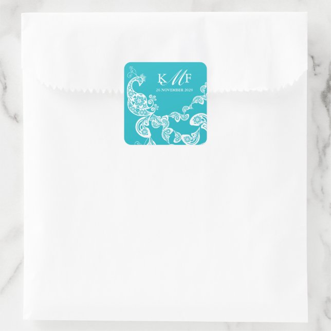 Aqua Floral Paisley White Peacock Gastgeschenk Hoc Quadratischer Aufkleber (Tasche)