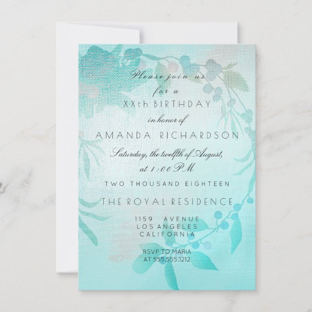 Aqua Floral Peach Kraft Geburtstag Einladung (Vorderseite)