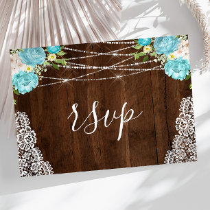 Aqua Floral Rustik Holz Lichterkette Hochzeit RSVP Postkarte