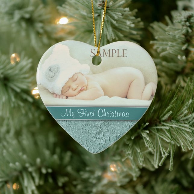 Aqua Floral Swirl Baby First Christmas Keramik Ornament (Baum)