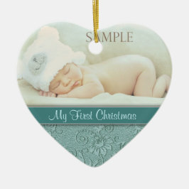Aqua Floral Swirl Baby First Christmas Keramik Ornament