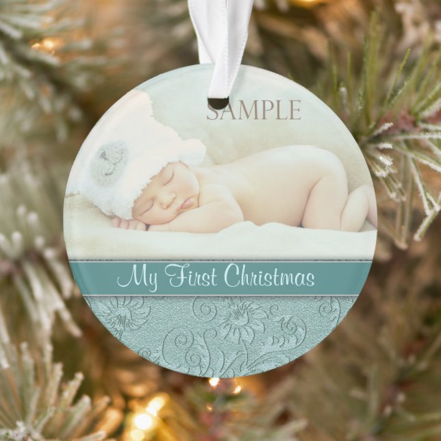 Aqua Floral Swirl Baby First Christmas Ornament (Baum)
