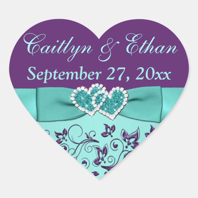 Aqua, Floral Violet, Coeurs Mariage Favor Sticker (Devant)