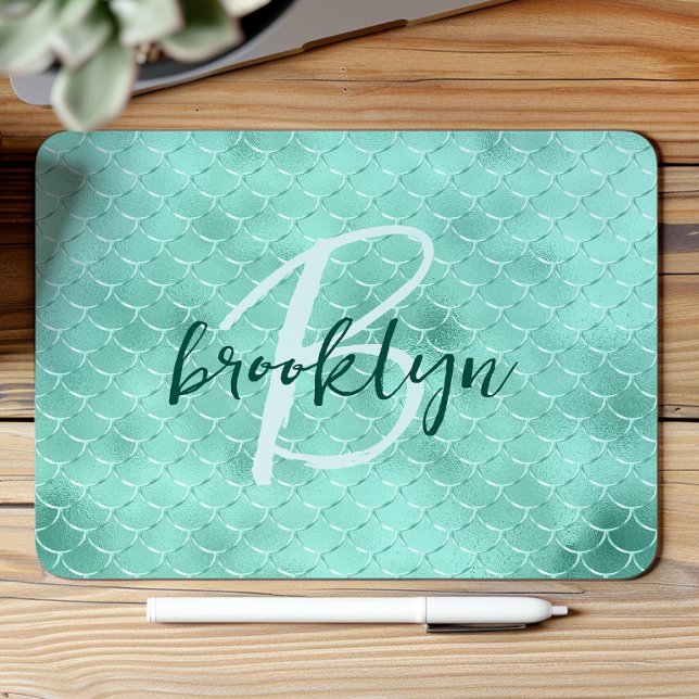 Aqua Foil Mermaid Fish Scales Script Monogram  Mousepad (Von Creator hochgeladen)