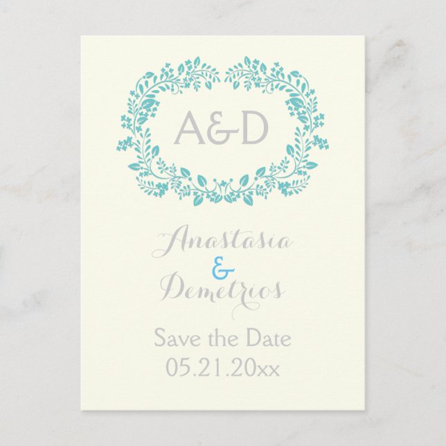 Aqua Foliage Rahmen Initialen Hochzeit Speichern S Ankündigungspostkarte (Vorderseite)