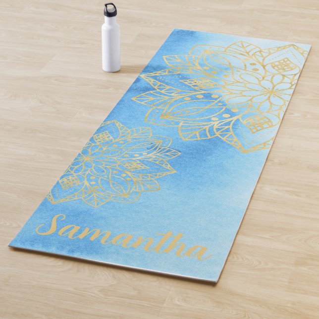 Aqua Gefärbte Krawatte und Gold Mandala Blume Indi Yogamatte (Beispiel)
