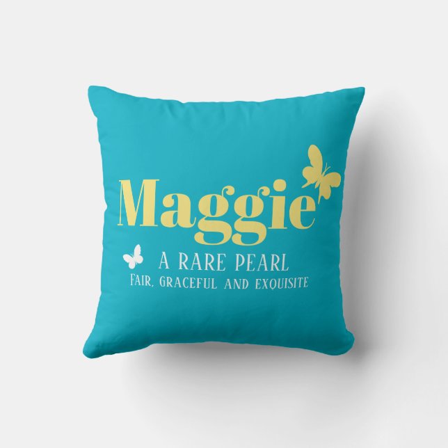 Aqua gelbe Schmetterlinge Maggie Mädchen Name bede Kissen (Rückseite)