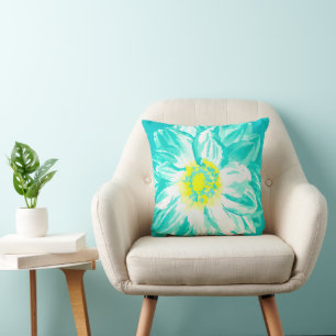 Aqua Gelbe Vintag gestrichene Blume Kissen