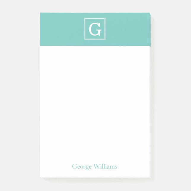 Aqua Gerahmt Monogram Personalisiert Post-it Klebezettel (Vorderseite)