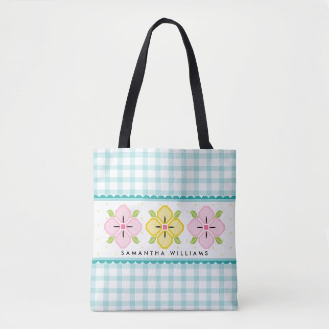 Aqua Gingham Floral Mit Monogramm Tasche (Vorderseite)