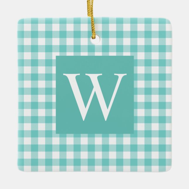 Aqua Gingham Karo Anfängliche Keramik Keramikornament (Vorderseite)