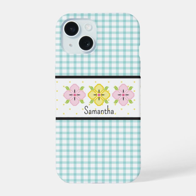 Aqua Gingham Karo Blumen Monogramm iPhone 15 Hülle (Rückseite)