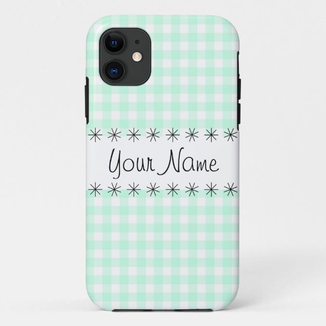 Aqua Gingham Karo "Name" iPhone Case (Rückseite)