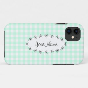 Aqua Gingham Karo oval star "Name" iPhone Fall Case-Mate iPhone Hülle
