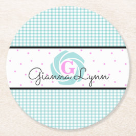 Aqua Gingham Mit Monogramm Runder Pappuntersetzer