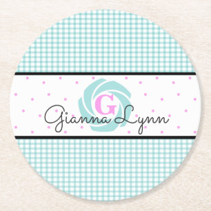Aqua Gingham Mit Monogramm Runder Pappuntersetzer