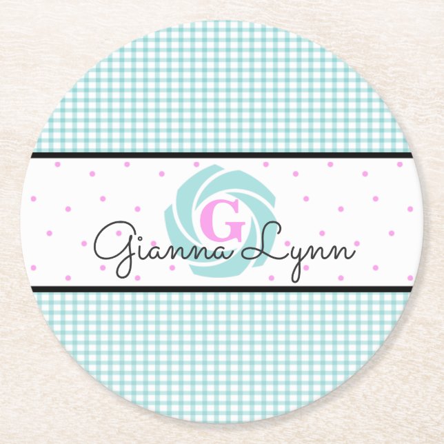 Aqua-Gingham-Monogramm Runder Pappuntersetzer (Vorderseite)
