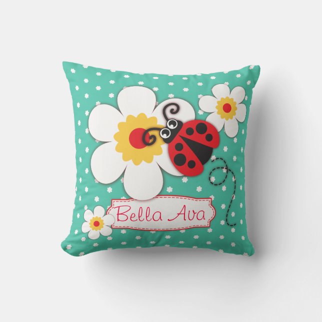 Aqua girls ladybug name flower polka dot pillow kissen (Vorderseite)