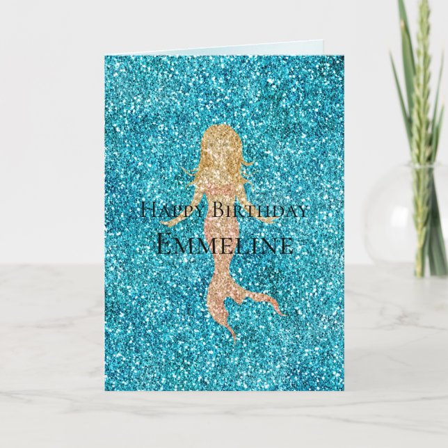 Aqua Glitz Glitzer Sparkle Mermaid Name Karte (Vorderseite)