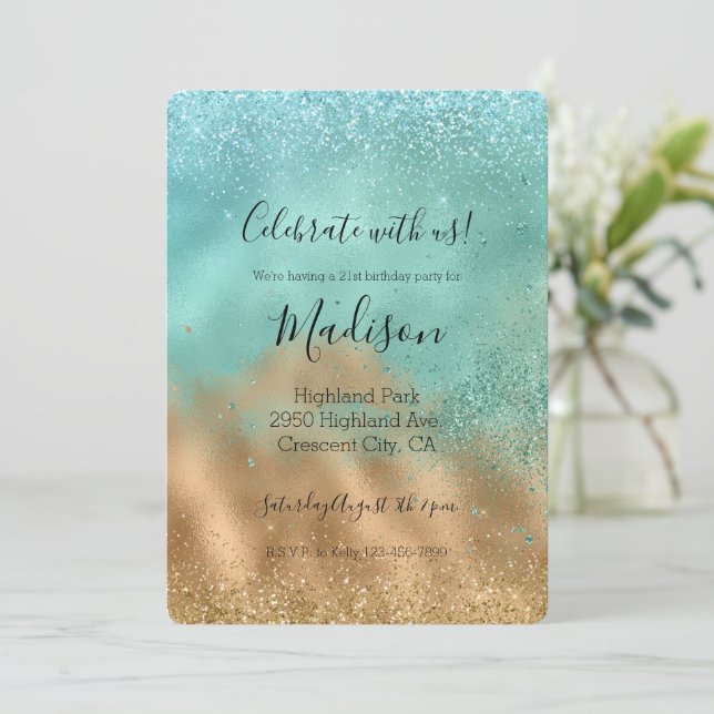 Aqua Glitz Gold Glitzer Einladung (Stehend Vorderseite)