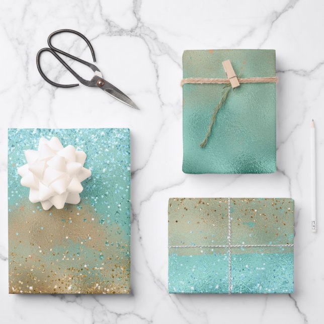 Aqua Glitz Gold Glitzer Geschenkpapier Set (Vorderseite)