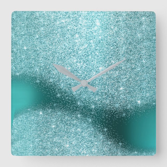 Aqua Glitzer Aquamarin Metal Glass Grau Minimal Quadratische Wanduhr (Vorderseite)