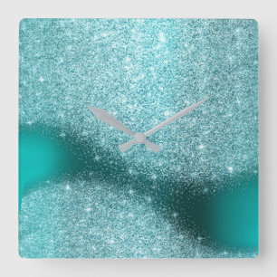 Aqua-Glitzer-aquamarines Metallgraues Quadratische Wanduhr