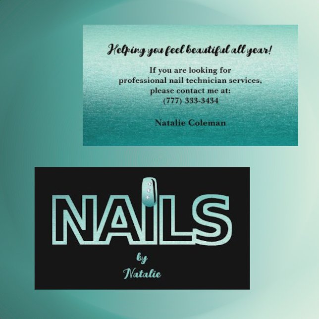 Aqua Glitzer & Black Nail Technician Business Card Visitenkarte (Von Creator hochgeladen)