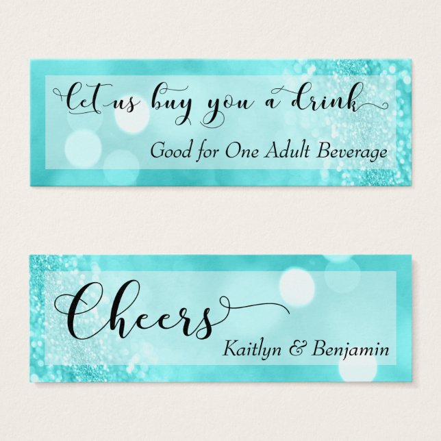 Aqua Glitzer Bokeh Script Mini Drink Ticket (Vorne & Hinten)
