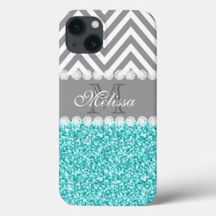 AQUA-GLITZER, GRAU ZICKZACK, MIT MONOGRAMM Case-Mate iPhone HÜLLE