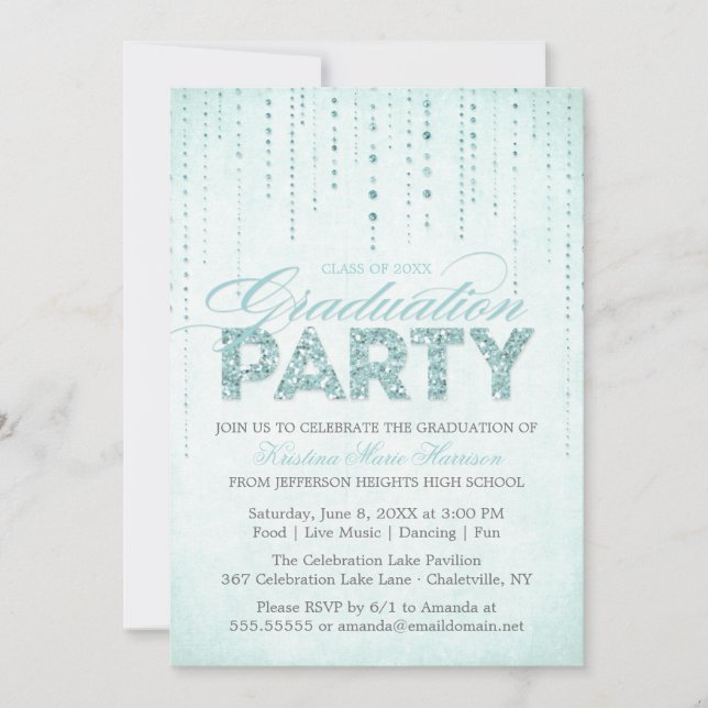 Aqua Glitzer Look Graduation Party Einladung (Vorderseite)