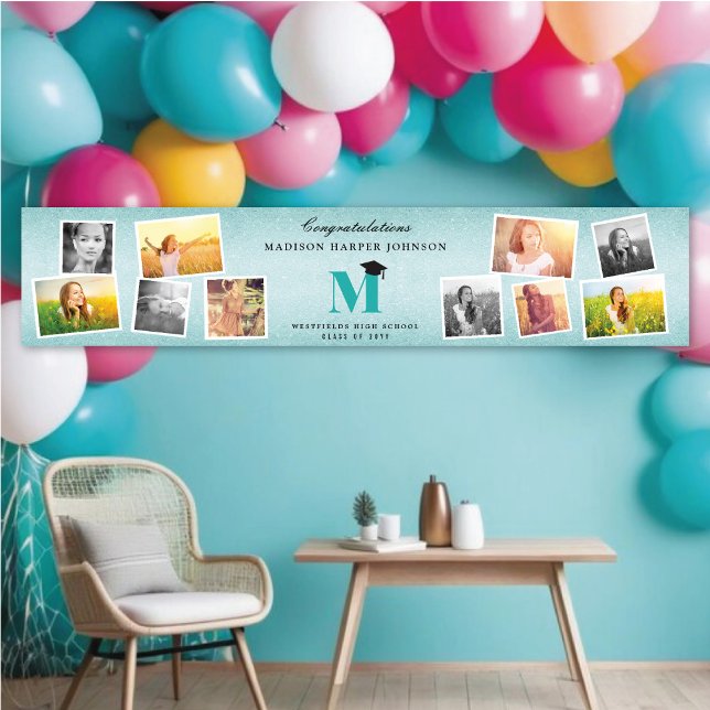 Aqua Glitzer Monogram 10 Foto Graduation Party Banner (Aqua Glitter Name Monogram Stylish 10 Photo Graduation Party Banner @ www.zazzle.com/color_therapy)
