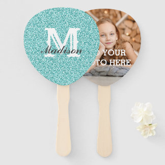 Aqua Glitzer Monogram Handfan Fächer