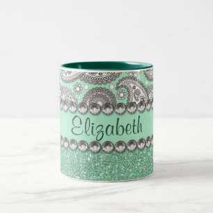 Aqua-Glitzer-Paisley-diamante de imitación Zweifarbige Tasse
