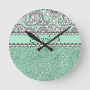 Aqua-Glitzer-Paisley-diamante de Runde Wanduhr