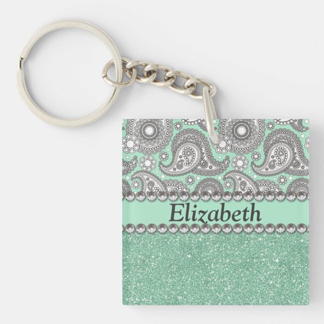Aqua-Glitzer-Paisley-diamante de Schlüsselanhänger (Vorderseite)