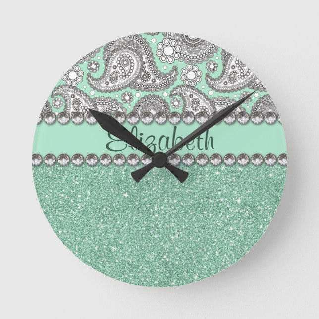 Aqua Glitzer Paisley Kristall Druckmuster Runde Wanduhr (Vorderseite)