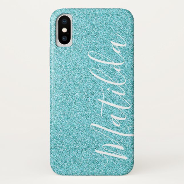 Aqua Glitzer Personalisiert Name Script Case-Mate iPhone Hülle (Rückseite)