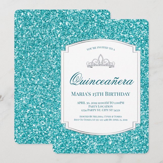 Aqua Glitzer Quinceañera Einladungen (Vorne/Hinten)
