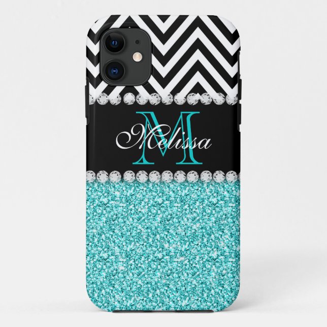 AQUA GLITZER SCHWARZ ZICKZACK MIT MONOGRAMM Case-Mate iPhone HÜLLE (Rückseite)