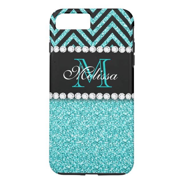 AQUA-GLITZER-SCHWARZ-ZICKZACK MONOGRAMM Case-Mate iPhone HÜLLE (Rückseite)
