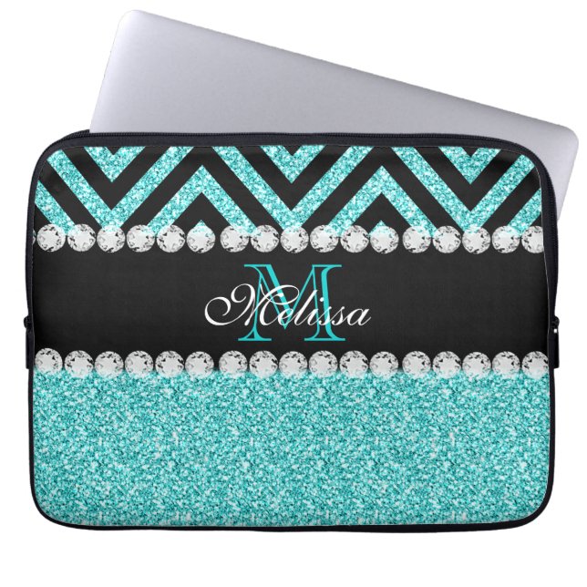 AQUA-GLITZER-SCHWARZ-ZICKZACK MONOGRAMM LAPTOPSCHUTZHÜLLE (Vorderseite)