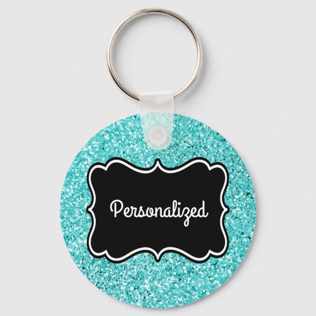 Aqua Glitzer Schwarzweiß-Personalisierte Rahmen Schlüsselanhänger (Vorderseite)