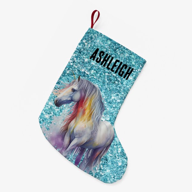 Aqua Glitzer Sparkle Unicorn Name Kleiner Weihnachtsstrumpf (Vorderansicht (hängend))