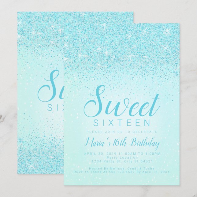 Aqua Glitzer, Sweet 16 Einladungen (Vorne/Hinten)